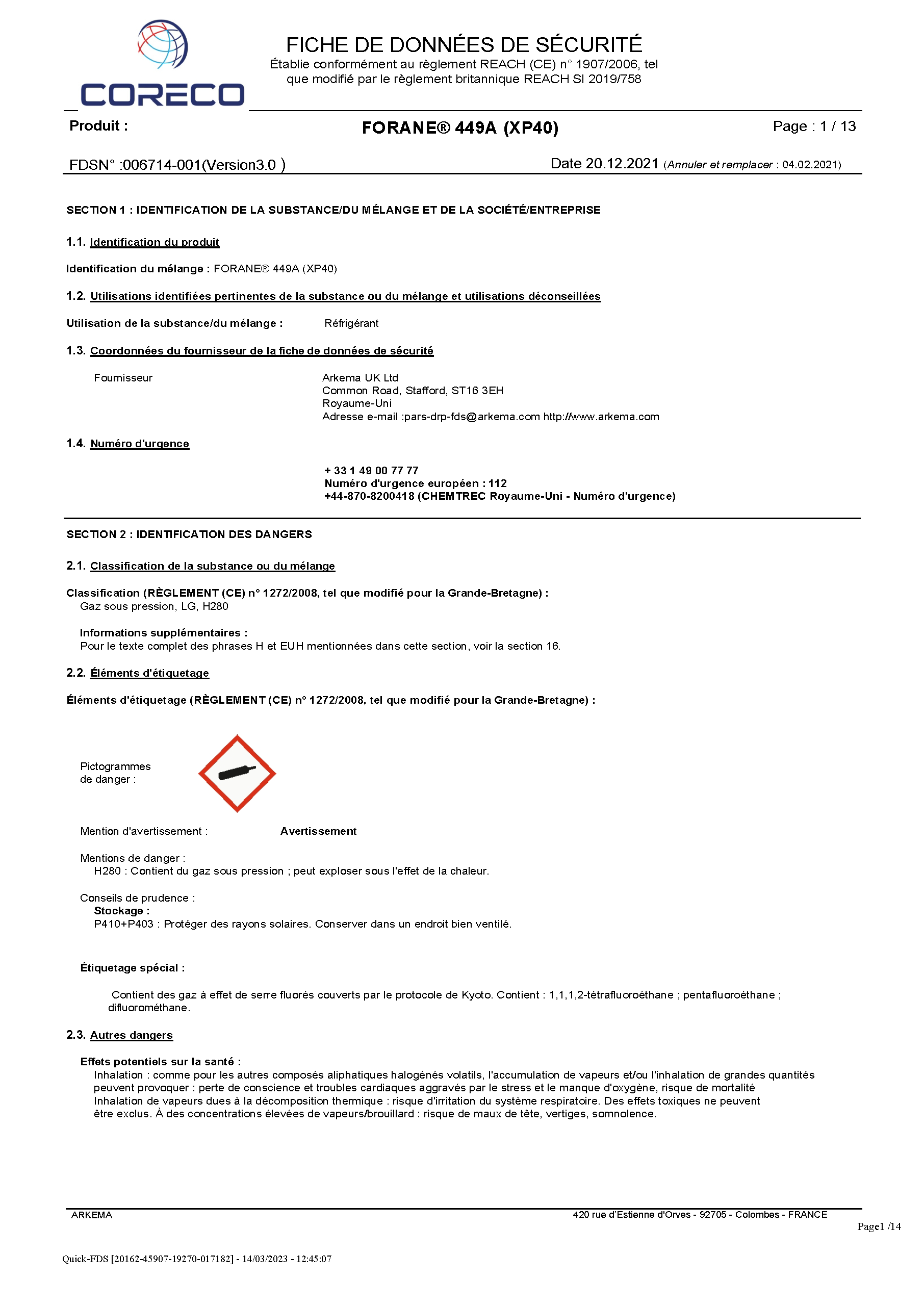 Fiche De Securite R 449A